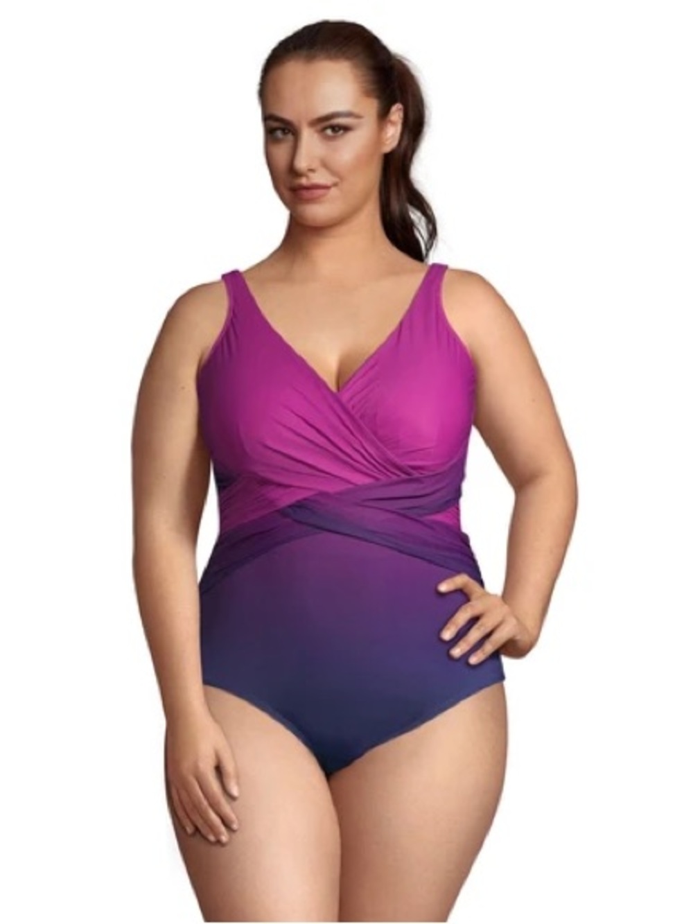 💜 Lands' End NWT Women's Tummy Control Swimsuit Wrap Purple Ombre Size 22W 💜